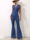 V-Neck Sleeveless Denim Jumpsuit - Trendsi - Flyclothing LLC