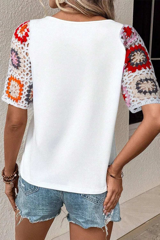 Geometric Round Neck Short Sleeve Blouse - Trendsi - Flyclothing LLC