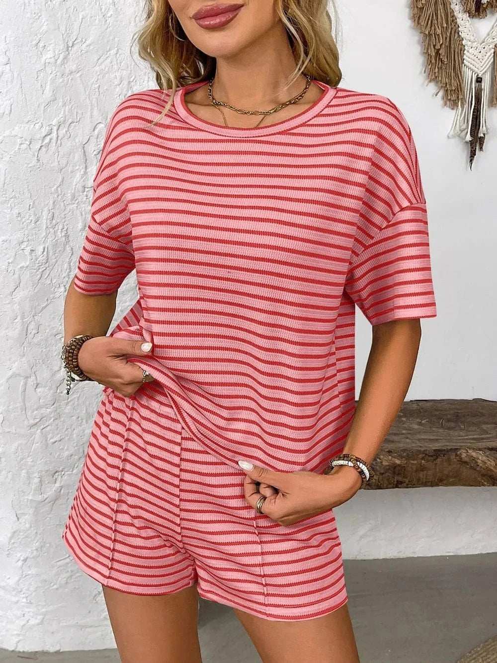 Striped Round Neck Short Sleeve Top and Shorts Set - Trendsi - Flyclothing LLC