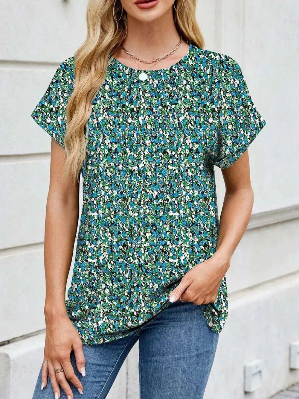 Printed Round Neck Short Sleeve Top - Trendsi - Flyclothing LLC