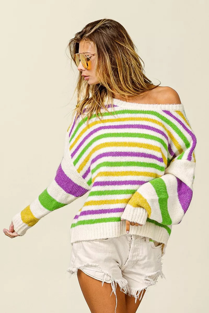 BiBi Mardi Gras Colors Stripe Comfy Sweater - Trendsi - Flyclothing LLC