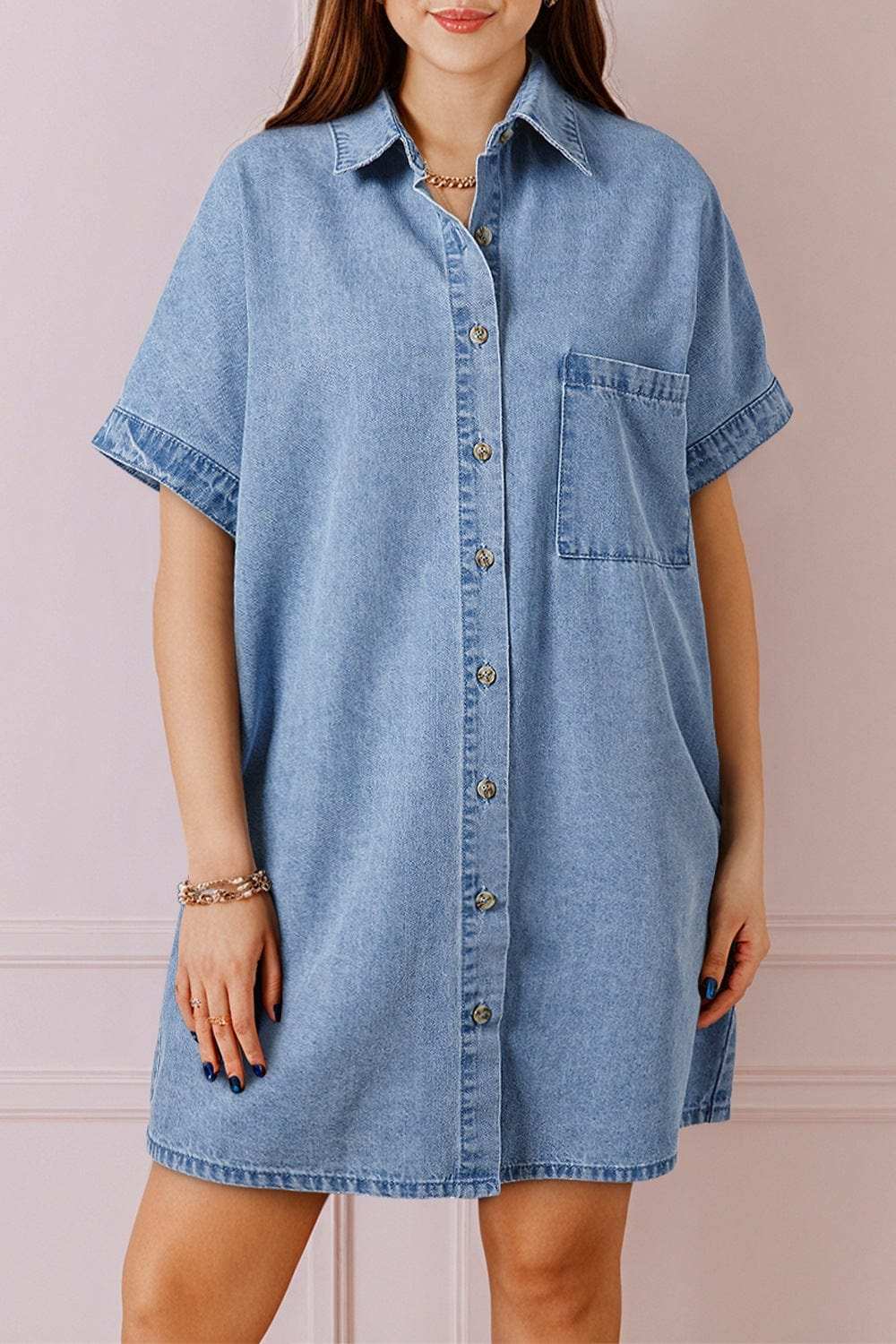 Button Down Short Sleeve Denim Dress - Trendsi - Flyclothing LLC