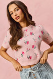 SO ME Floral Pattern Knit Puff Sleeves Sweater Top - Trendsi - Flyclothing LLC