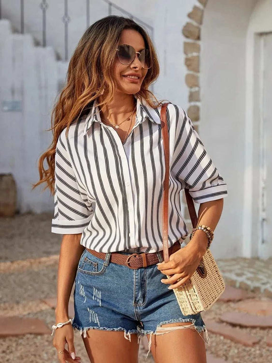 Striped Collared Neck Half Sleeve Shirt - Trendsi - Flyclothing LLC