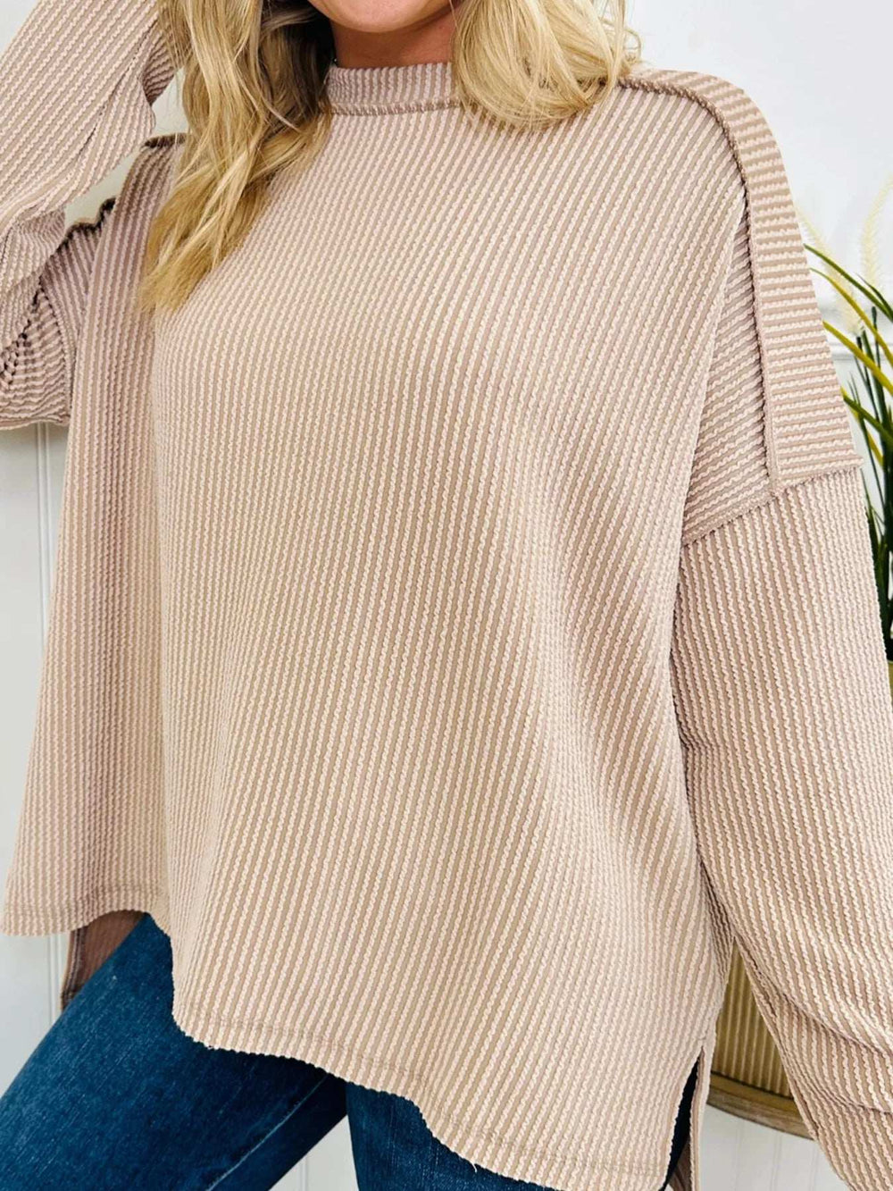Twist Ribbed Exposed Seam Detail Long Sleeve Loose Top - Trendsi - Flyclothing LLC