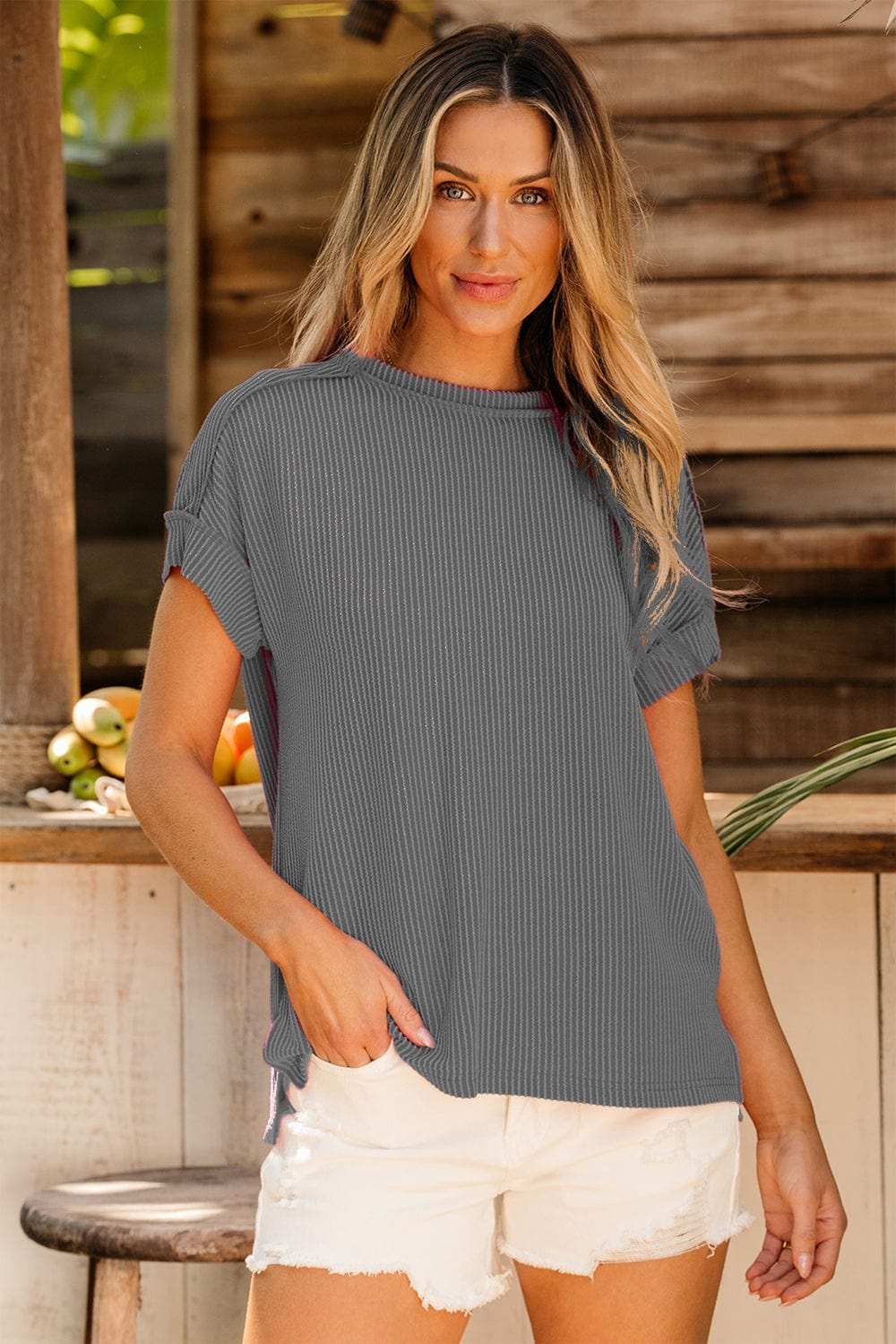 Exposed Seam Round Neck Short Sleeve T-Shirt - Trendsi - Flyclothing LLC