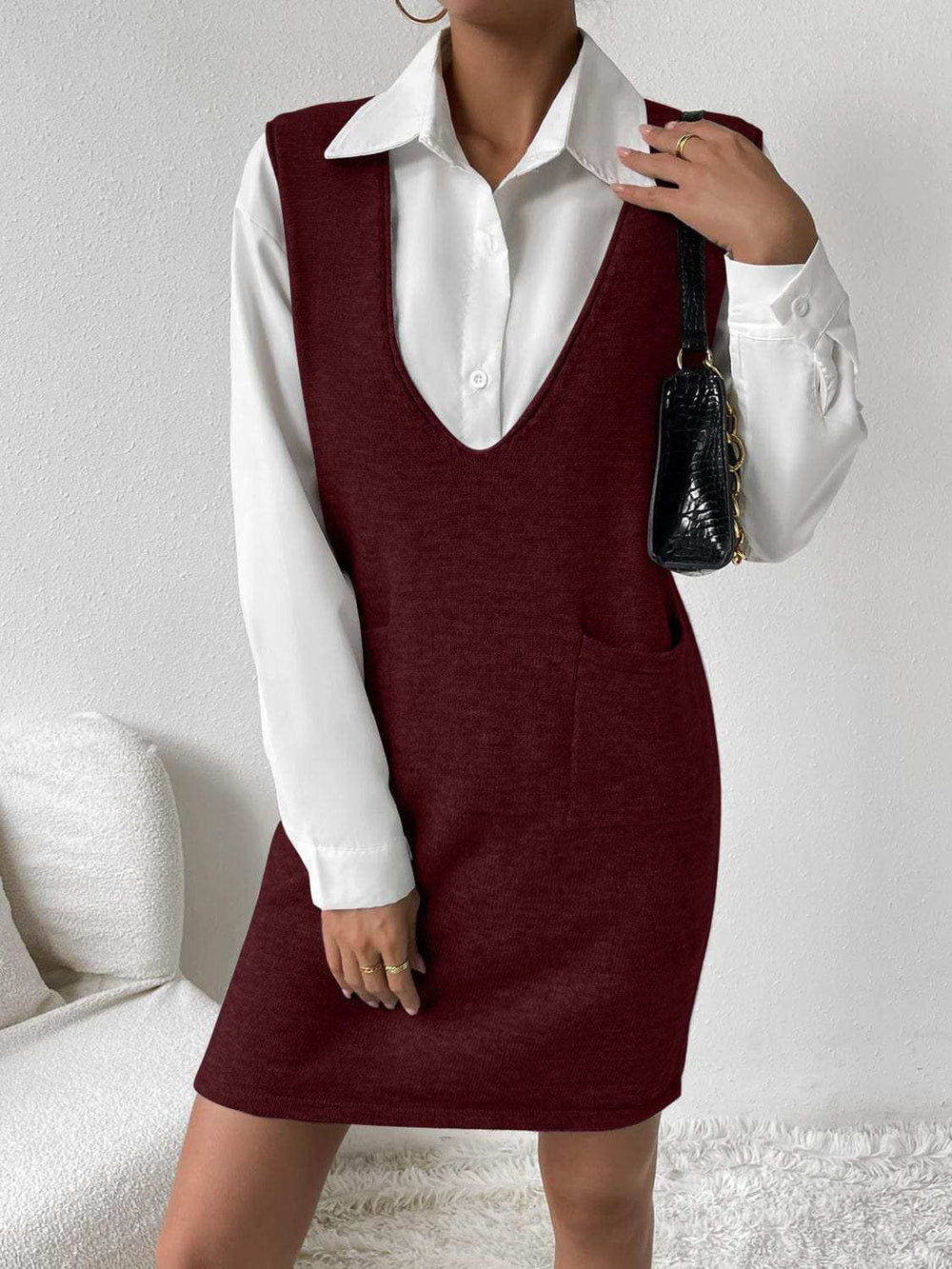 V-Neck Sleeveless Sweater Dress with Pockets - Trendsi - Flyclothing LLC