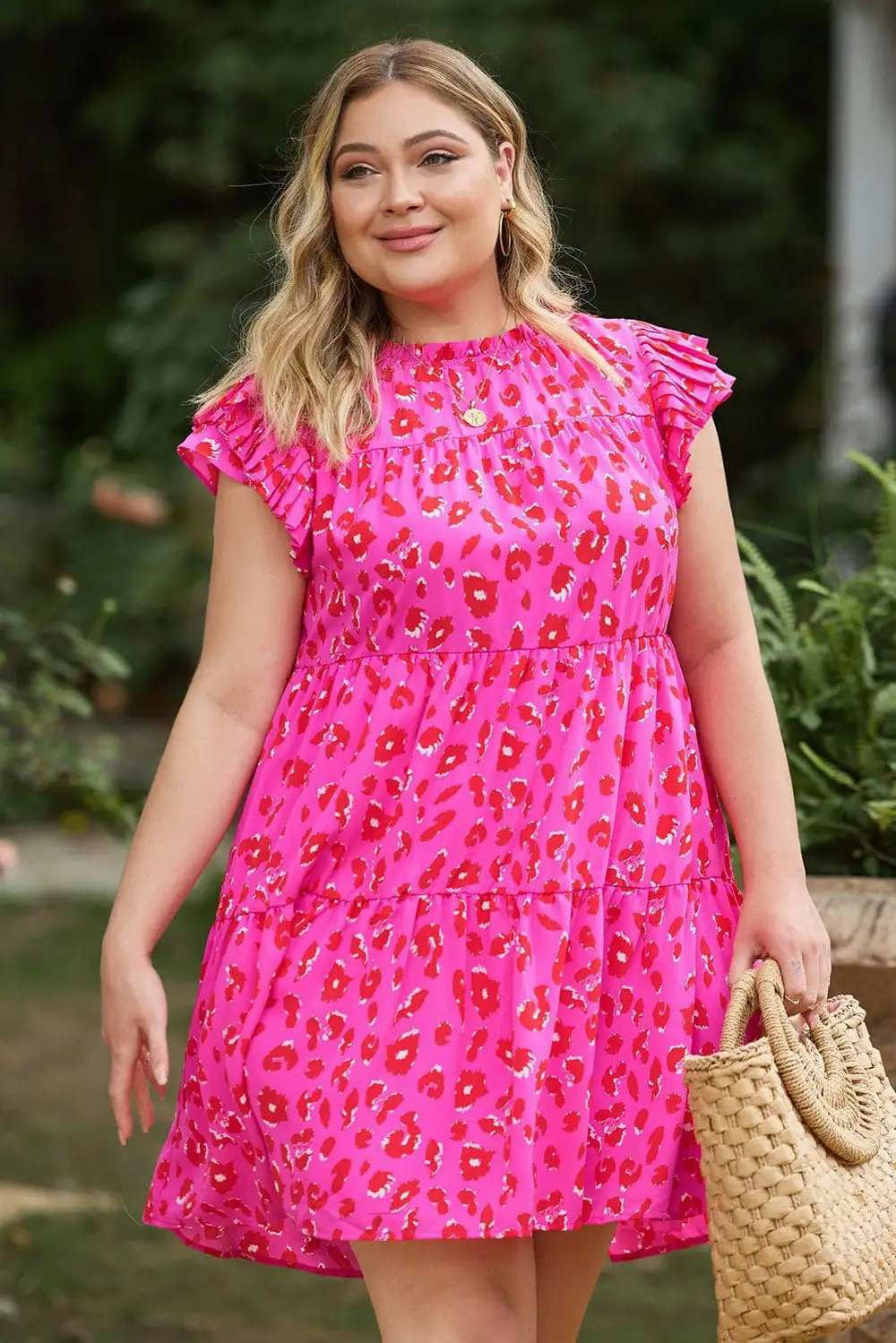 Plus Size Ruffled Leopard Cap Sleeve Mini Dress - Trendsi - Flyclothing LLC