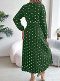 Tied Polka Dot Long Sleeve Midi Dress - Trendsi - Flyclothing LLC