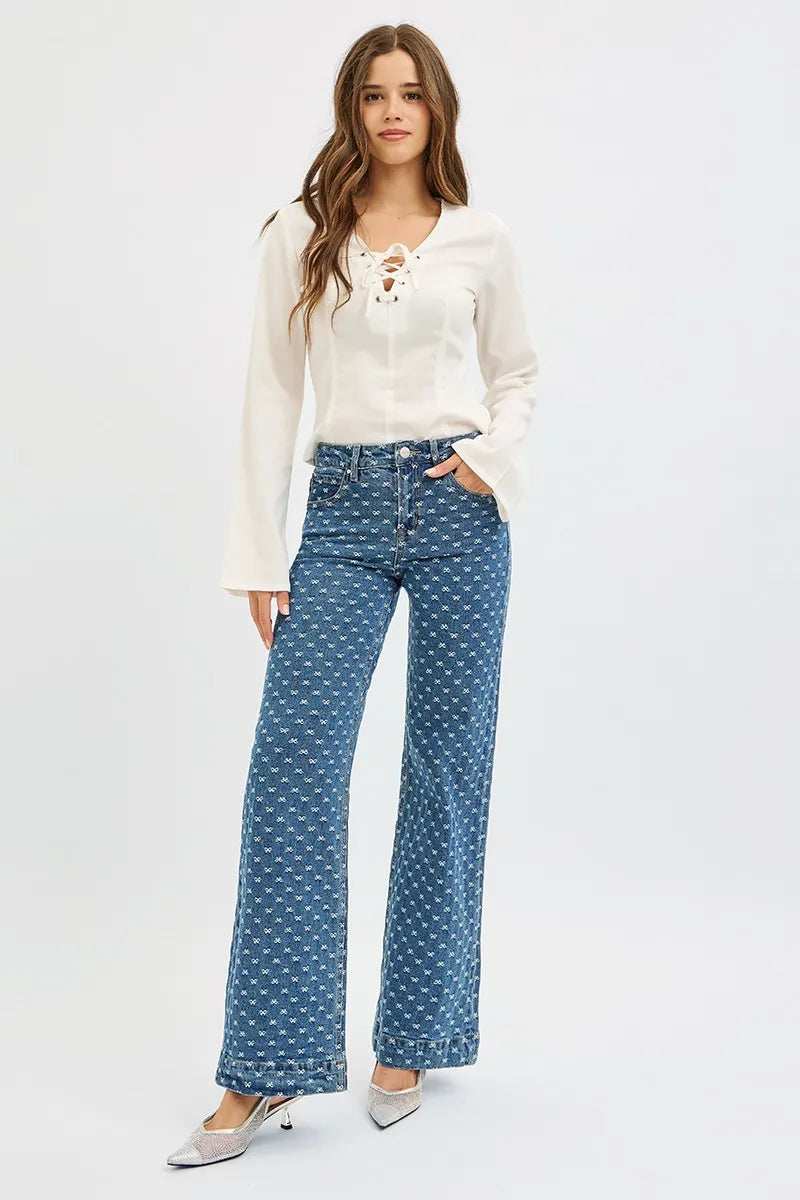 RISEN High Rise Wide Leg Bow Embroidered Jeans - Trendsi - Flyclothing LLC