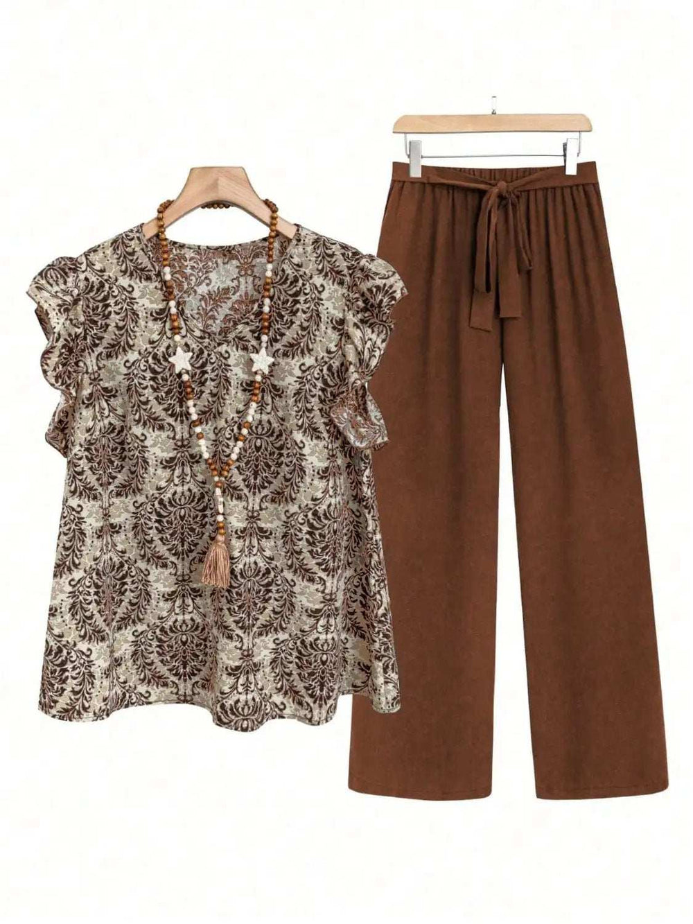 Printed Ruffled Cap Sleeve Top and Pants Set - Trendsi - Flyclothing LLC