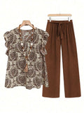 Printed Ruffled Cap Sleeve Top and Pants Set - Trendsi - Flyclothing LLC