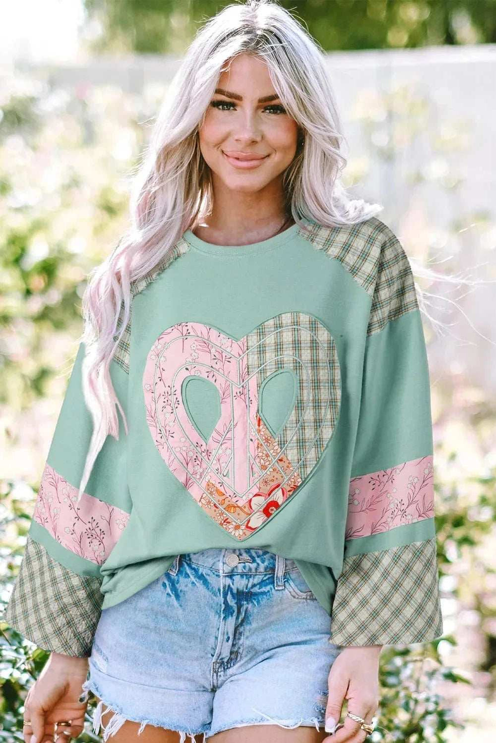 Heart Plaid Round Neck Long Sleeve Blouse - Trendsi - Flyclothing LLC
