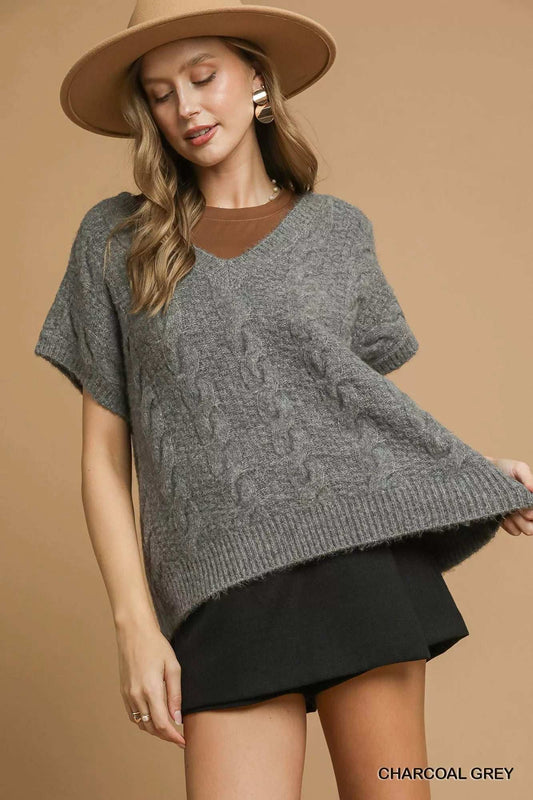 Umgee Cable-Knit V-Neck Sweater - Trendsi - Flyclothing LLC