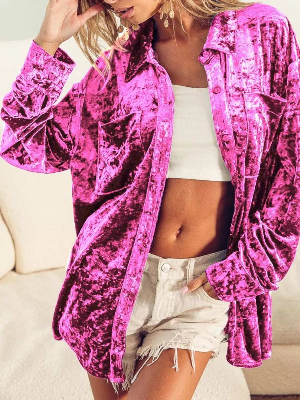 Collared Neck Long Sleeve Velvet Shirt - Trendsi - Flyclothing LLC