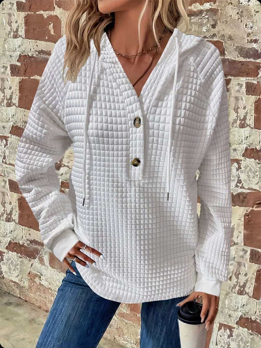 Full Size Texture Button Detail Drawstring Long Sleeve Hoodie - Trendsi - Flyclothing LLC