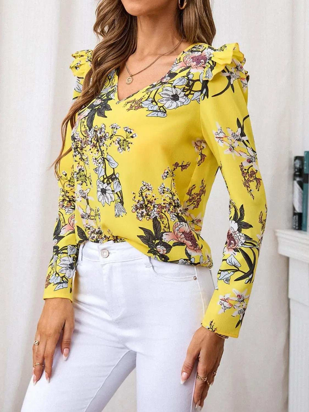 Ruffled Printed V-Neck Long Sleeve Blouse - Trendsi - Flyclothing LLC