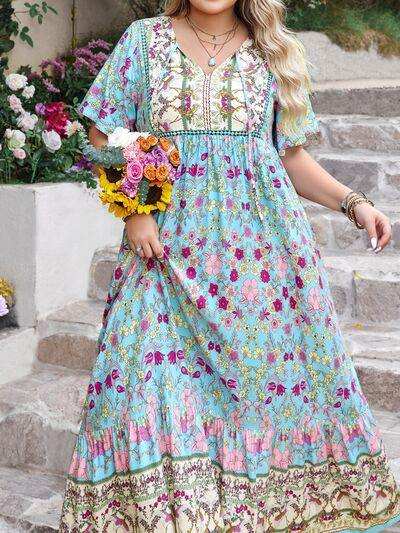 Plus Size Printed Tie Neck Flutter Sleeve Maxi Dress - Trendsi - Flyclothing LLC