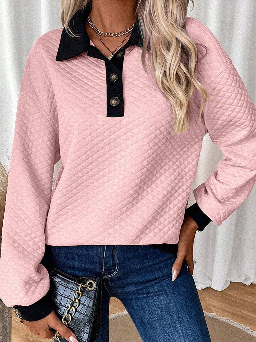 Texture Quarter Button Long Sleeve Sweatshirt - Trendsi - Flyclothing LLC