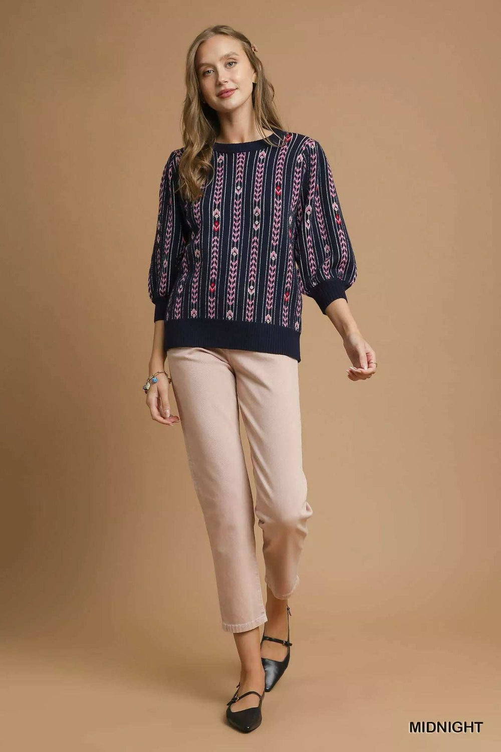 Umgee Jacquard Knit Puff Sleeve Sweater - Trendsi - Flyclothing LLC