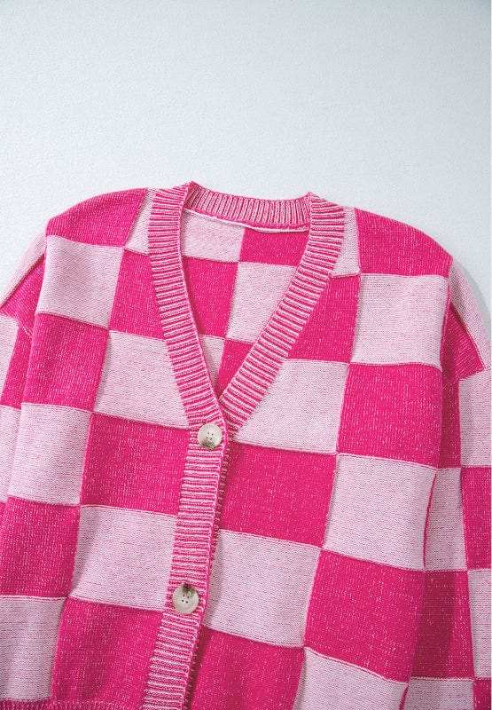 Checkered V-Neck Long Sleeve Cardigan - Trendsi - Flyclothing LLC