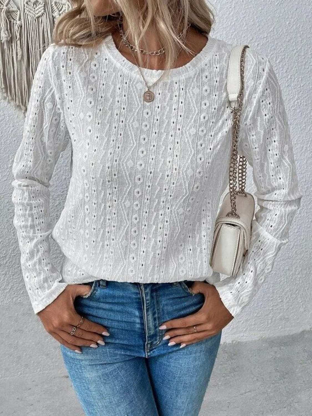 Eyelet Round Neck Long Sleeve Blouse - Trendsi - Flyclothing LLC