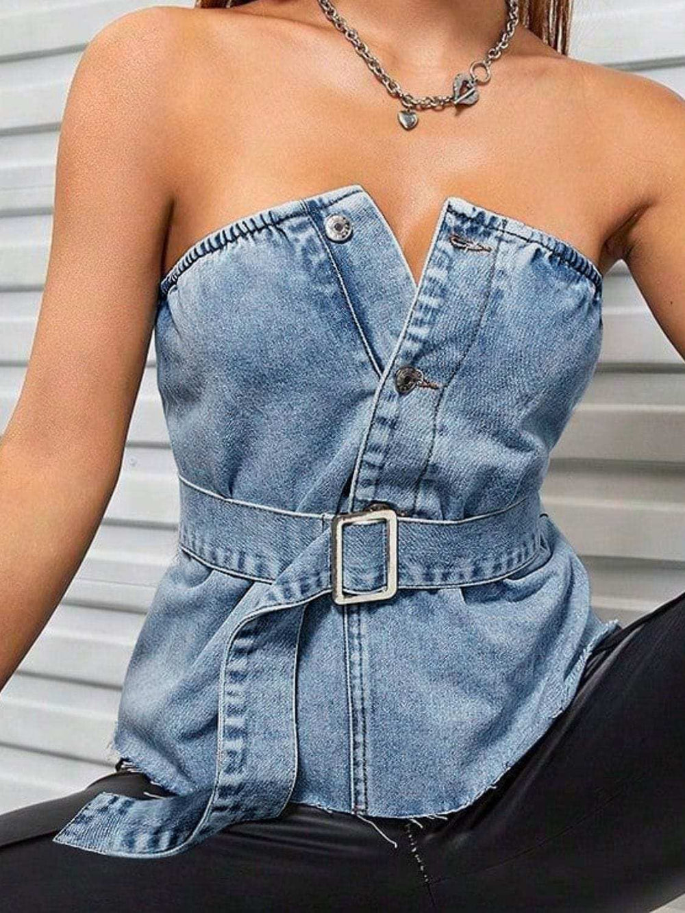 Frayed Hem Button Detail Tube Top - Trendsi - Flyclothing LLC
