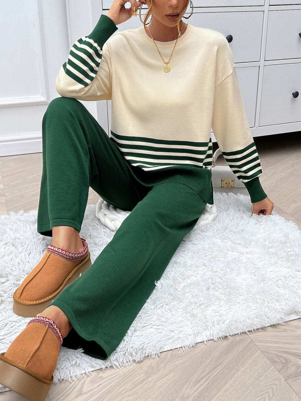 Devine Slit Striped Round Neck Top and Pants Sweater Set - Trendsi - Flyclothing LLC