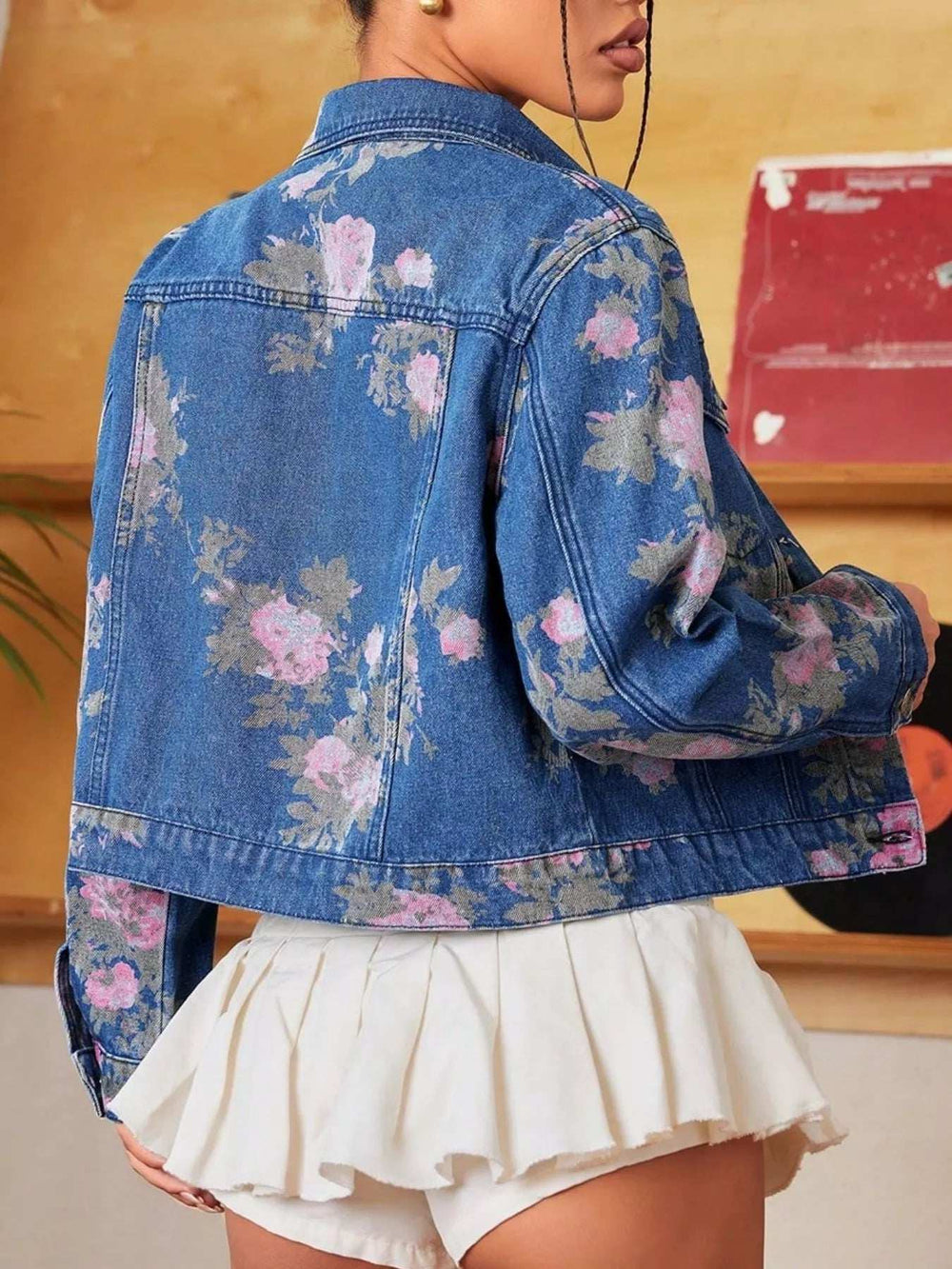 Floral Print Cropped Denim Jacket - Trendsi - Flyclothing LLC