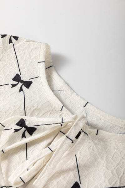 Bow Print Tie Neck Half Sleeve Dress - Trendsi - Flyclothing LLC