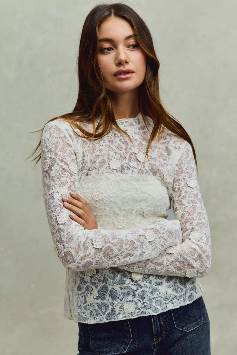 SO ME Lace Long Sleeve 3d Effect Floral Layering Top - Trendsi - Flyclothing LLC