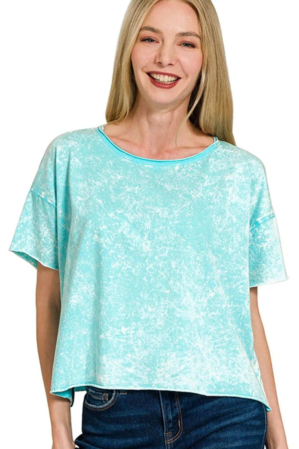 Zenana Washed Crew Neck Short Sleeve Crop Box Tee - Trendsi - Flyclothing LLC