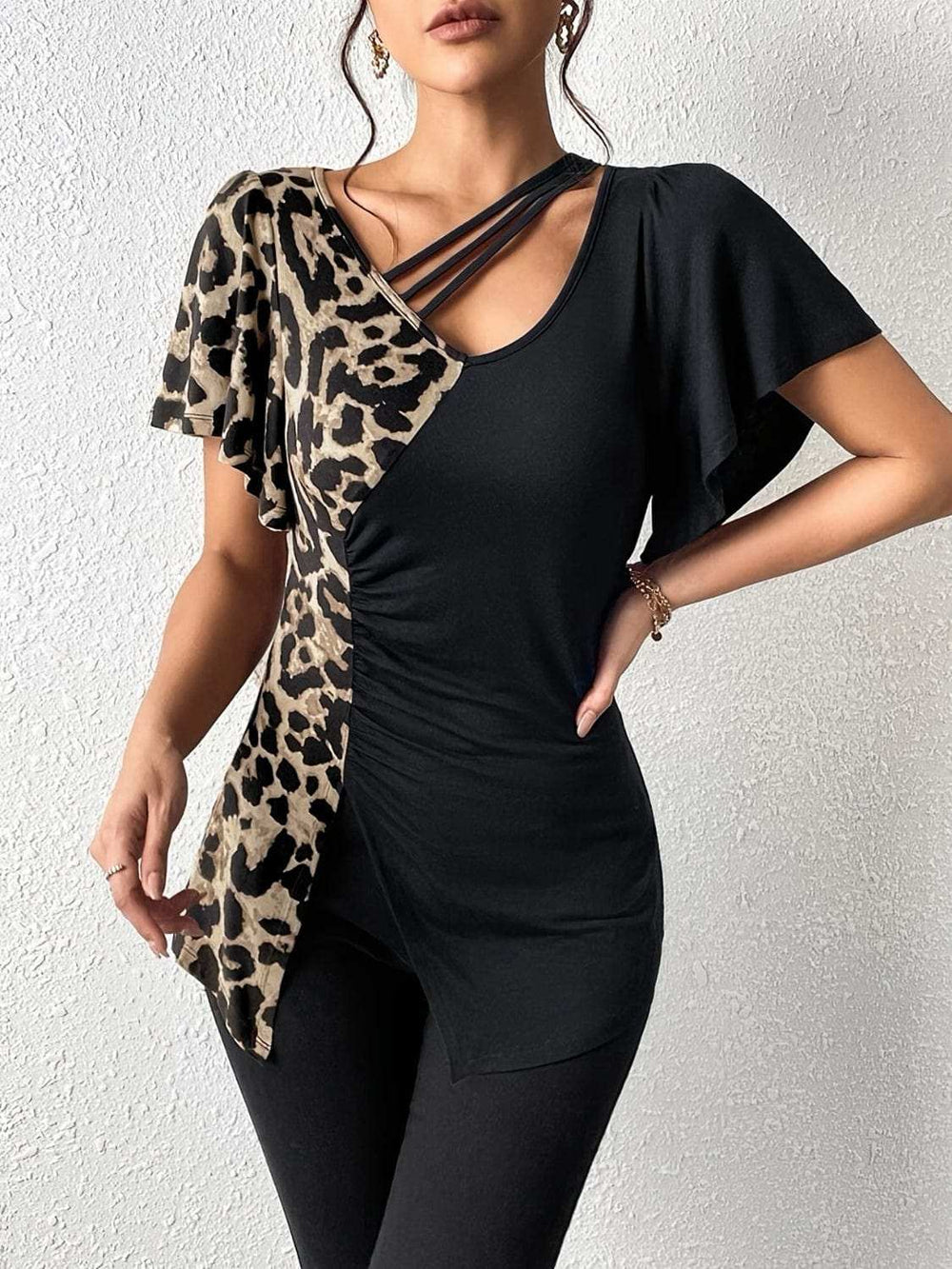 Ruched Leopard Flutter Sleeve T-Shirt - Trendsi - Flyclothing LLC