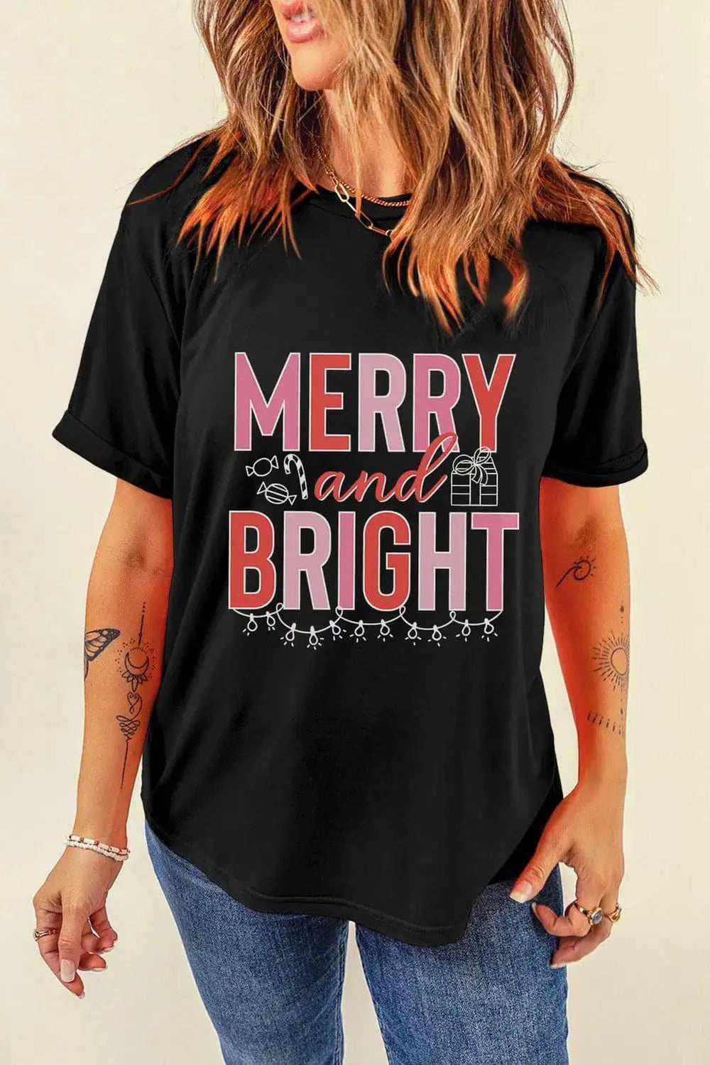 MERRY AND BRIGHT Round Neck Short Sleeve T-Shirt - Trendsi - Flyclothing LLC