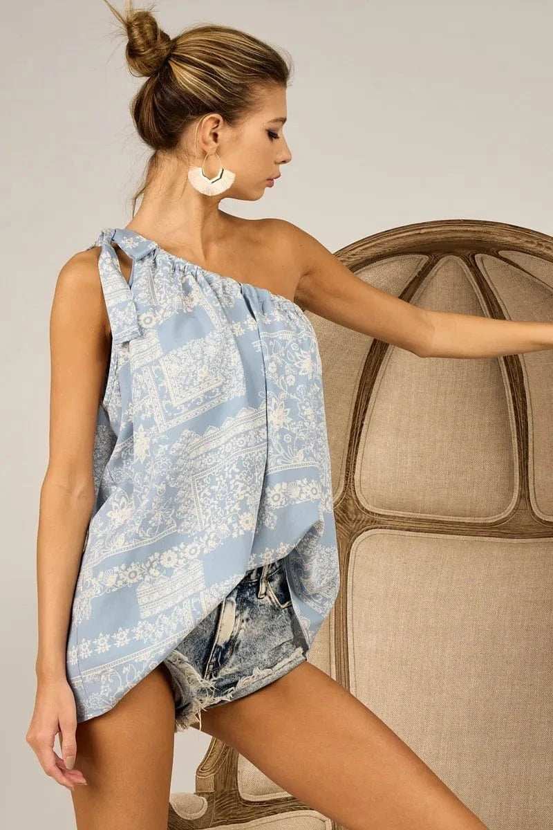 BiBi Aztec Printed Woven Tied Ribbon One Shoulder Top - Trendsi - Flyclothing LLC