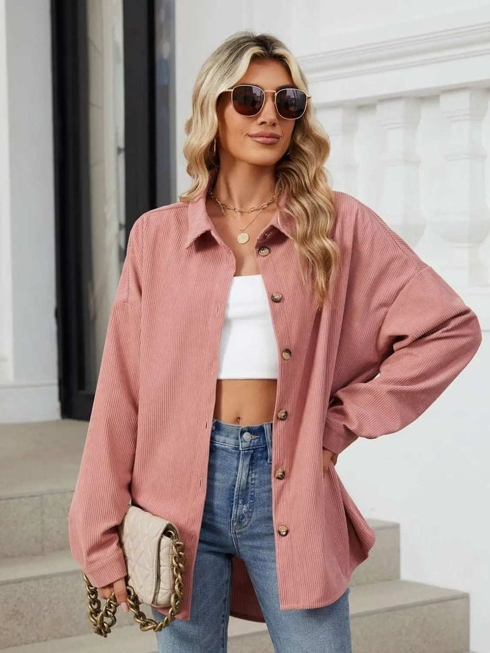 Collared Neck Long Sleeve Dropped Shoulder Shirt - Trendsi - Flyclothing LLC