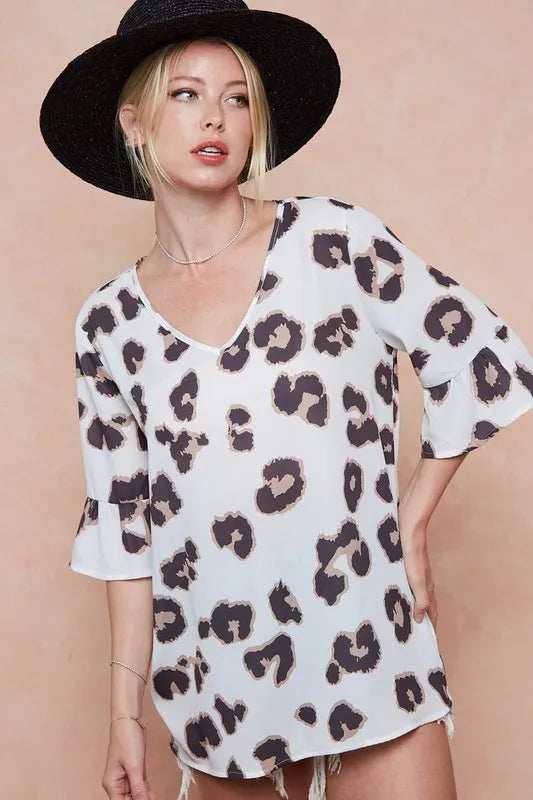 BiBi Leopard Printed V Neck Woven Top with Ruffled - Trendsi - Flyclothing LLC