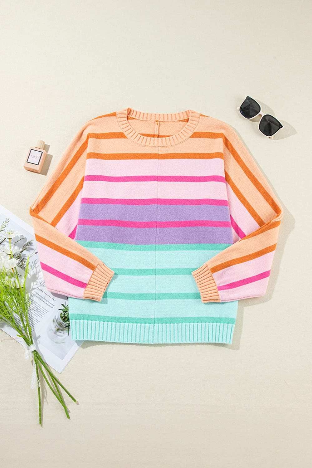 Contrast Striped Round Neck Long Sleeve Knit Top - Trendsi - Flyclothing LLC