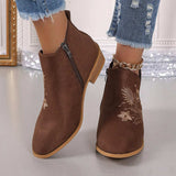 Embroidered Suede Point Toe Block Heel Boots - Trendsi - Flyclothing LLC