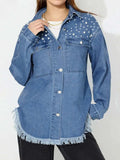 Raw Hem Pearl Trim Collared Neck Denim Top - Trendsi - Flyclothing LLC