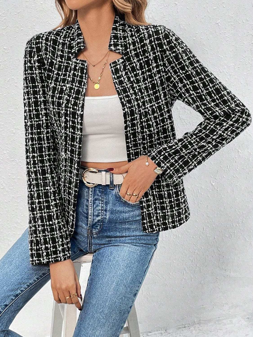 Plaid Open Front Long Sleeve Jacket - Trendsi - Flyclothing LLC