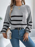Striped Round Neck Long Sleeve Sweater - Trendsi - Flyclothing LLC