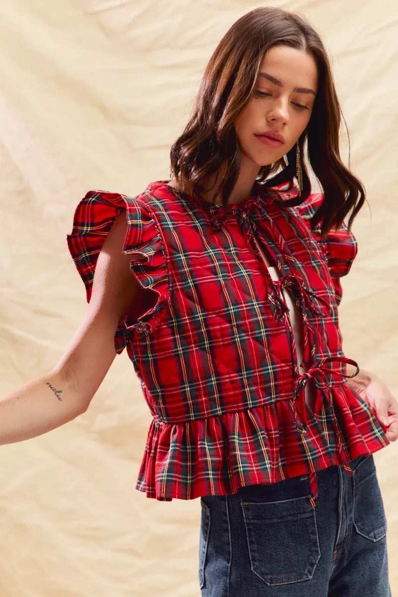 SO ME Christmas Holiday Plaid Ruffled Quilt Vest Top - Trendsi - Flyclothing LLC