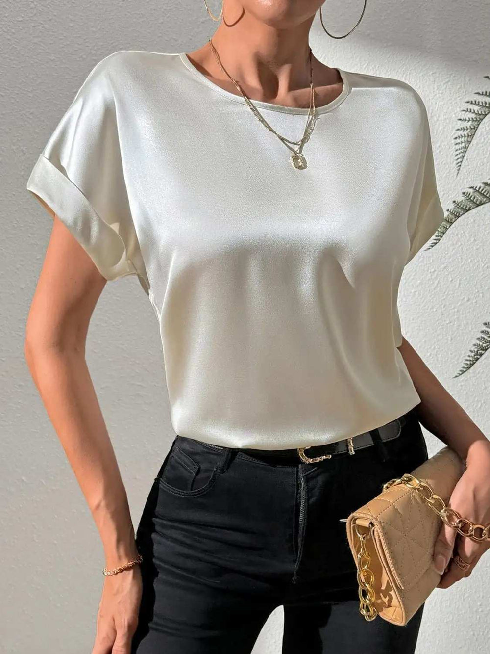 Round Neck Short Sleeve Blouse - Trendsi - Flyclothing LLC