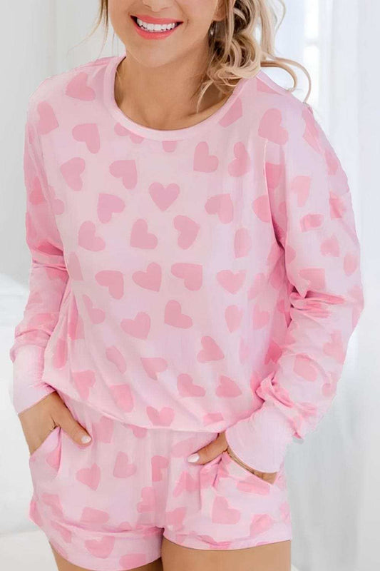 Heart Print Long Sleeve Top and Shorts Lounge Set - Trendsi - Flyclothing LLC