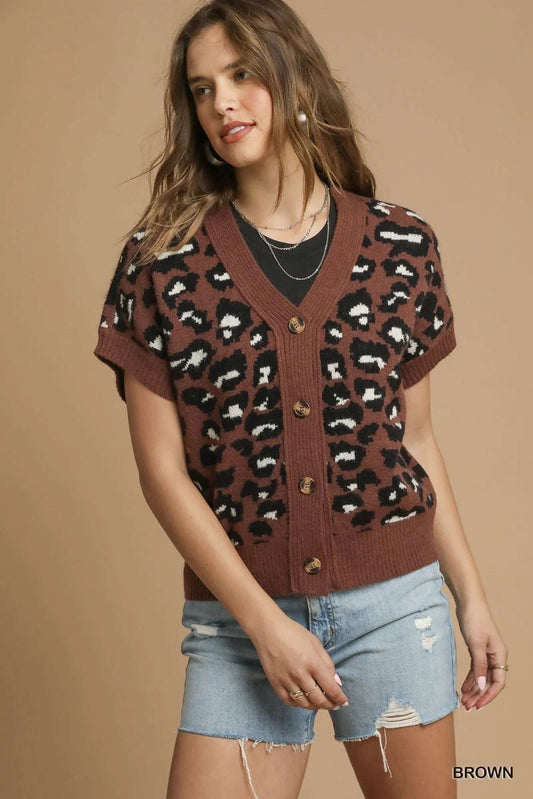 Umgee Leopard Button Down Short Sleeve Cardigan - Trendsi - Flyclothing LLC