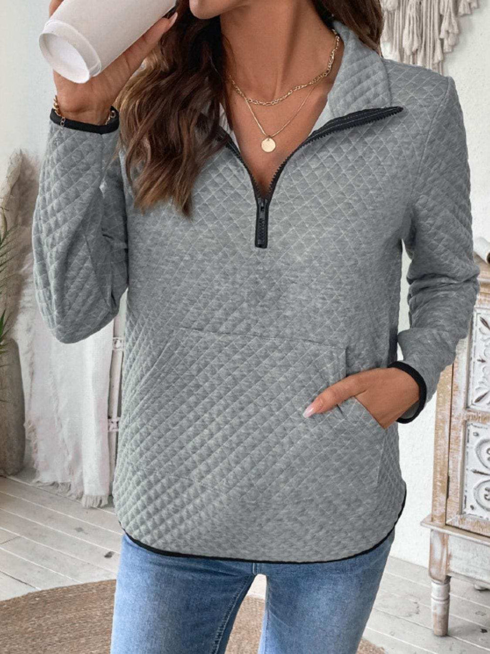 Perfee Texture Half Zip Long Sleeve Sweatshirt - Trendsi - Flyclothing LLC