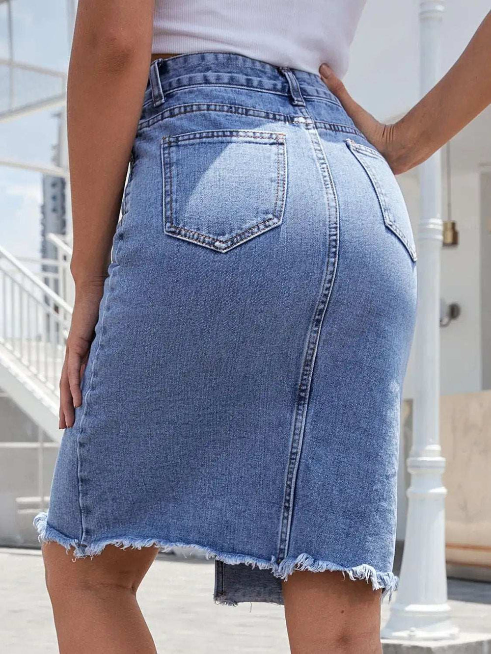 Raw Hem Slit Denim Skirt - Trendsi - Flyclothing LLC