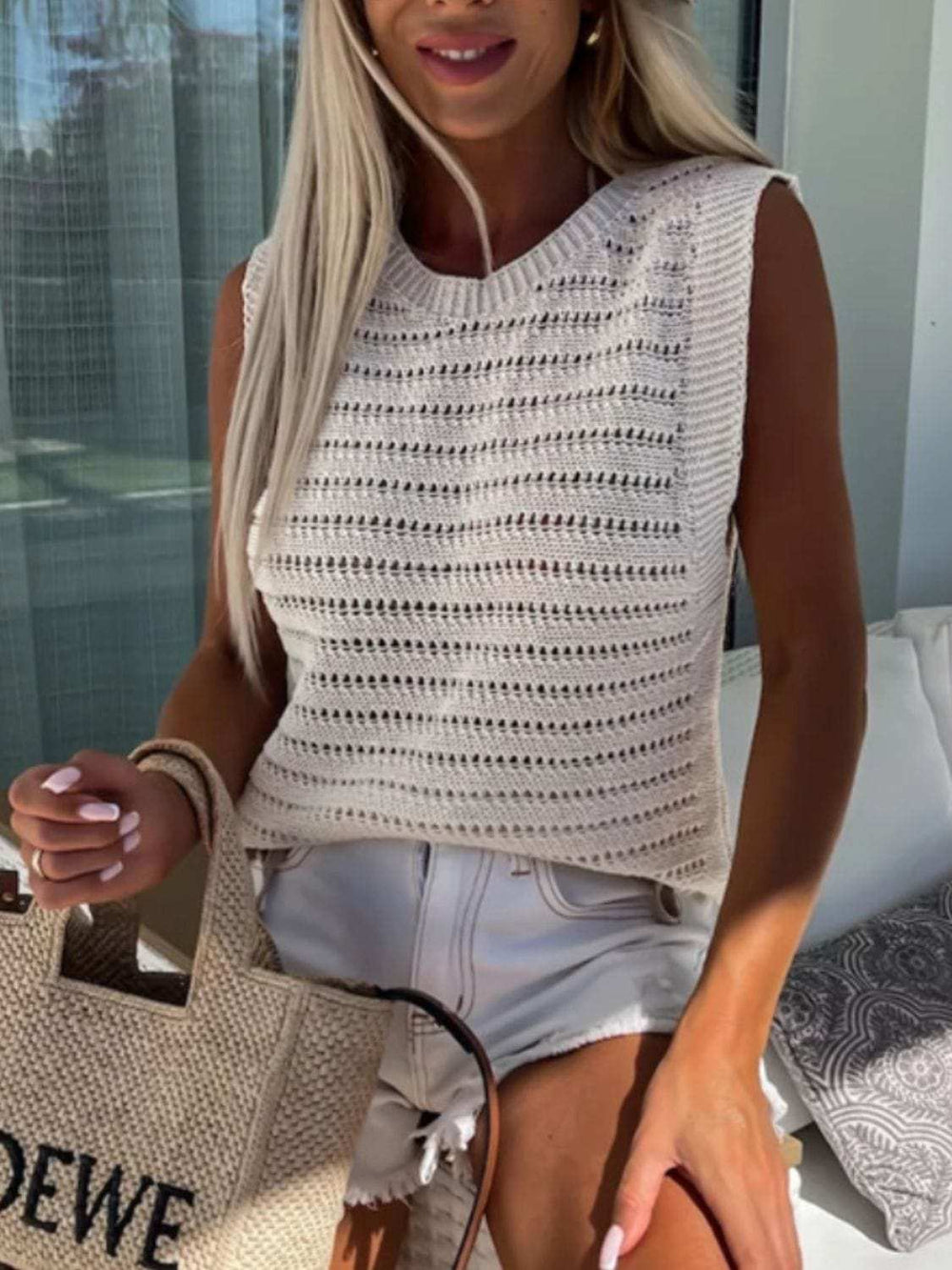 Openwork Round Neck Sweater Vest - Trendsi - Flyclothing LLC