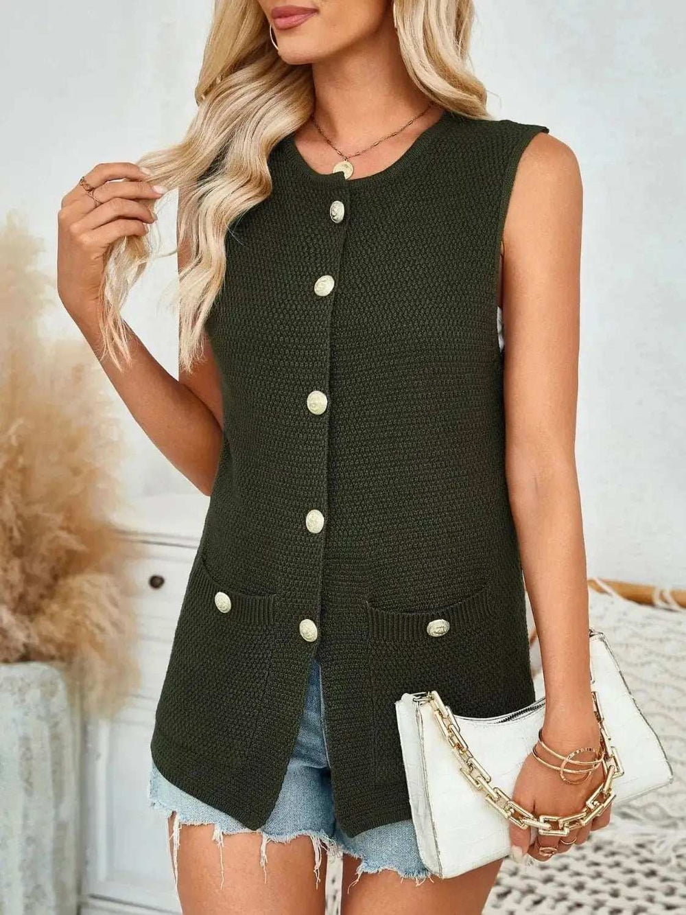 Button Down Round Neck Knit Vest - Trendsi - Flyclothing LLC